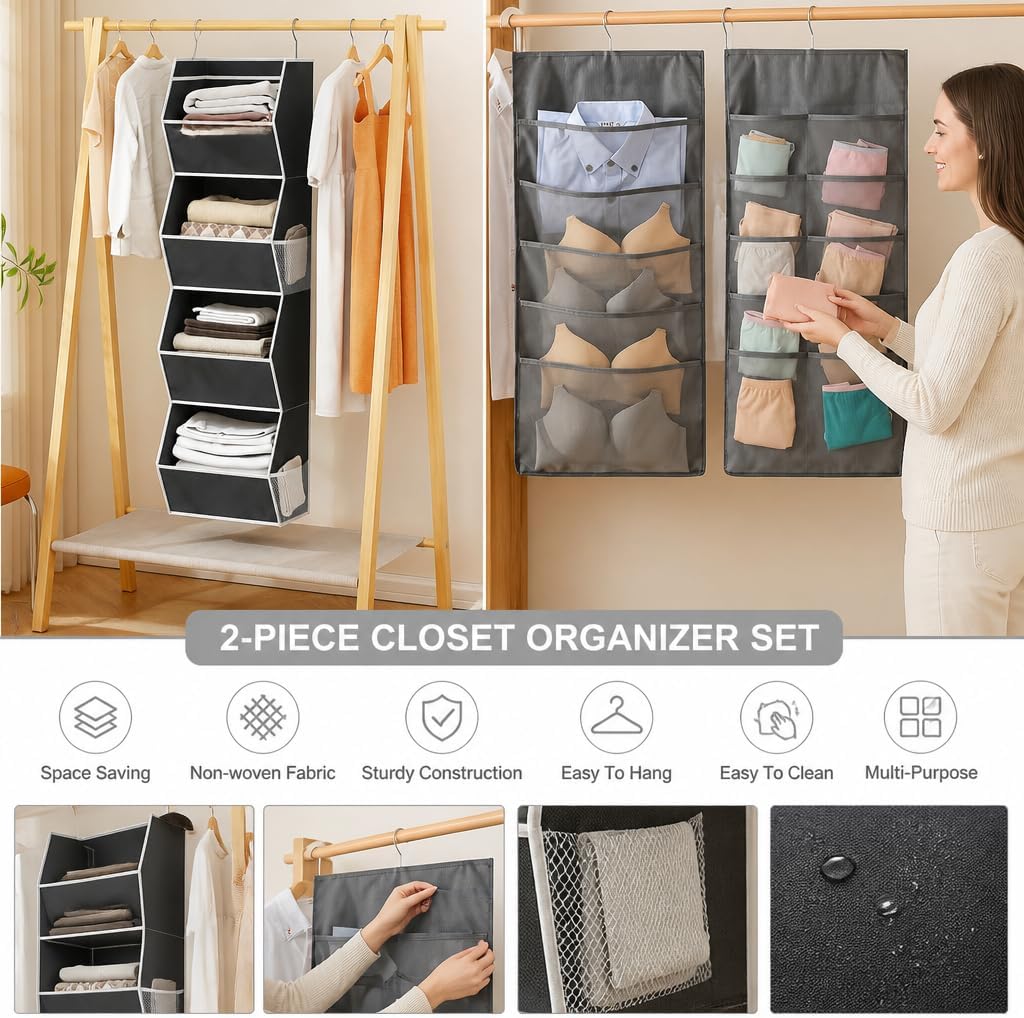 Velvet Hangers 20 Pack Space Saving with Hanging Closet Organizer Bag, Slim Black Non Slip Clothes Hangers + Gray 15