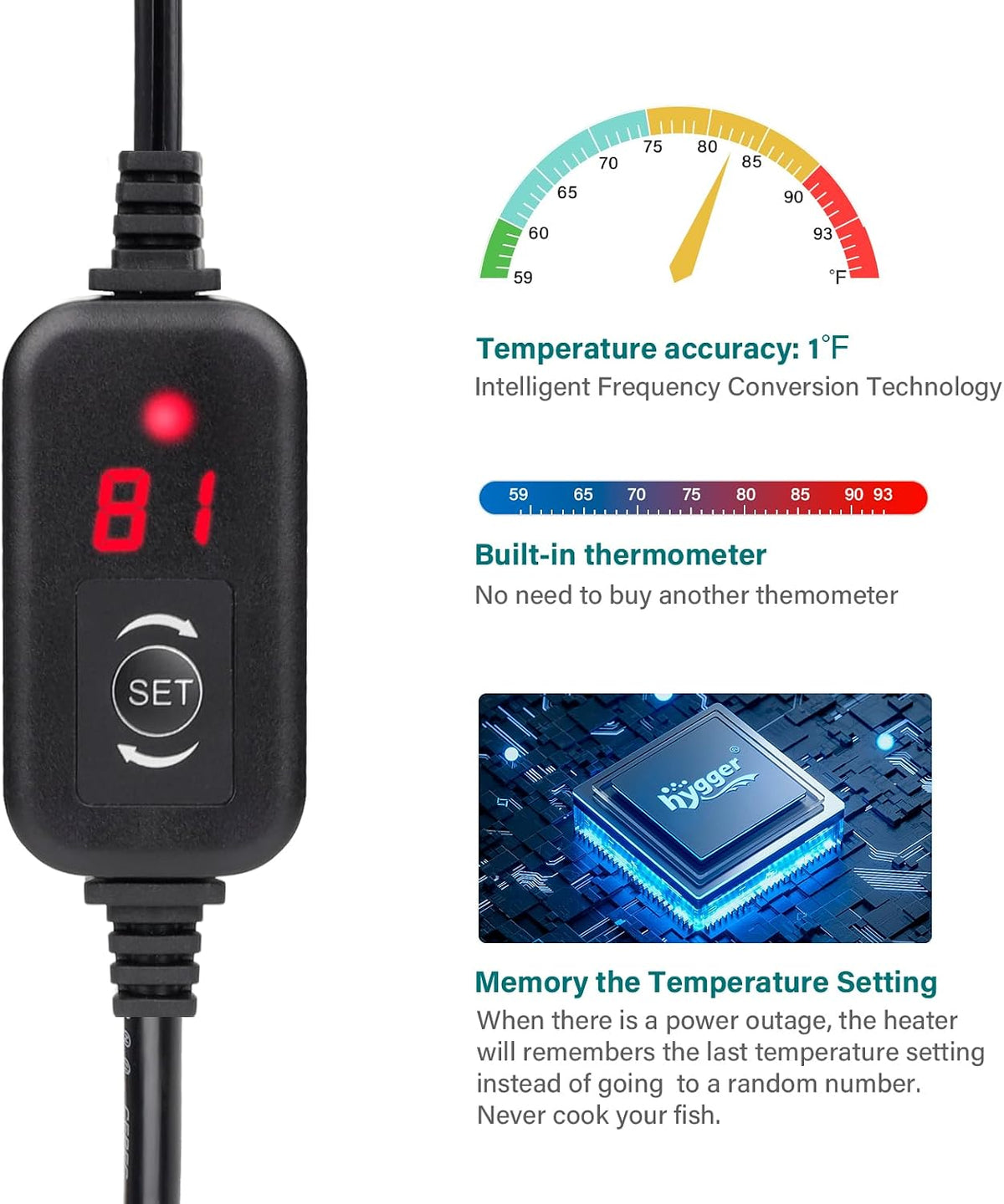 Submersible Aquarium Heater, 100W 150W 200W 300W Adjustable Fish Tahk Heater with Temperature Controller, LED