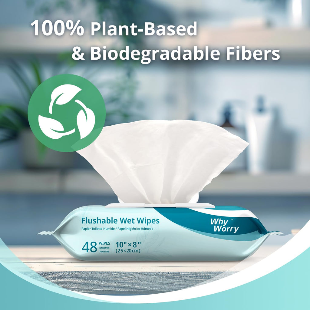 Flushable Wipes for Adults, Unscented, 8" x 10", 144 Count