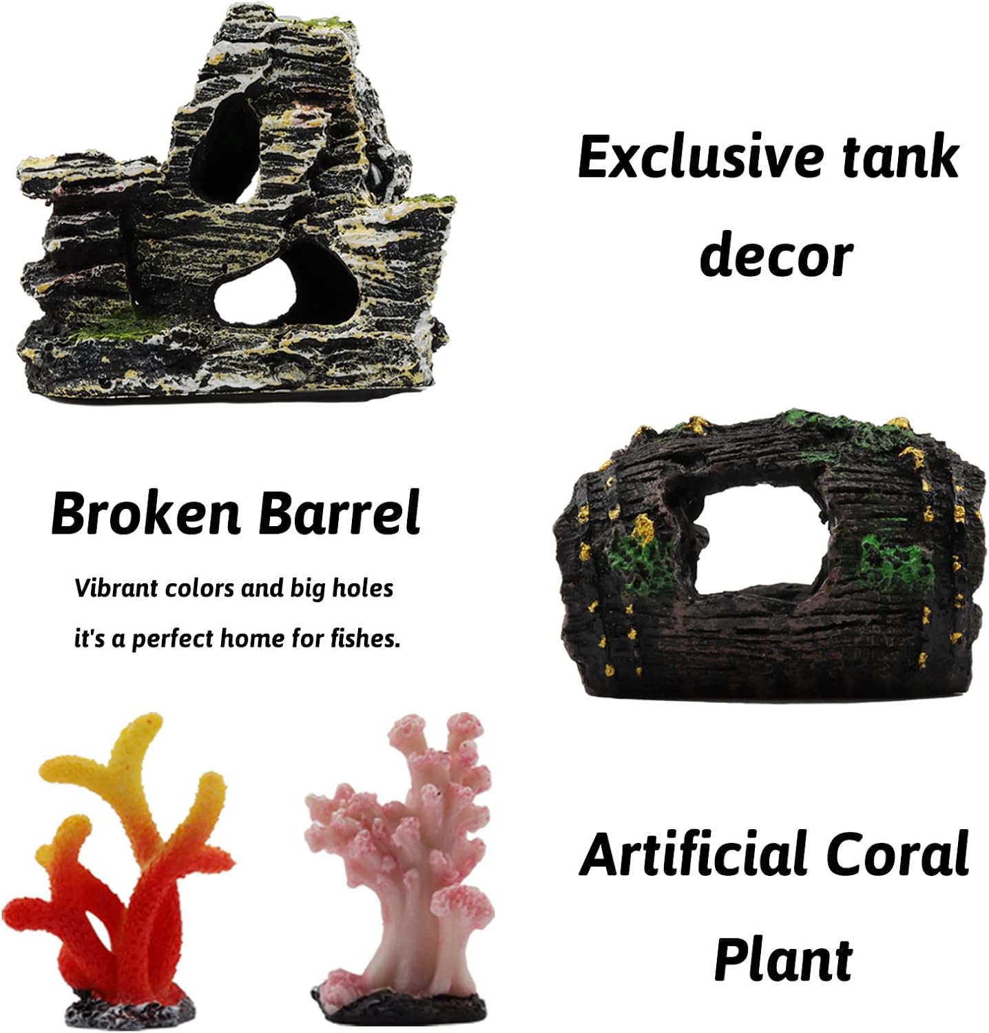 Fish Tank Decorations Plants with Resin Broken Barrel and Cave Rock View, 15pcs Aquarium Decorations Plants