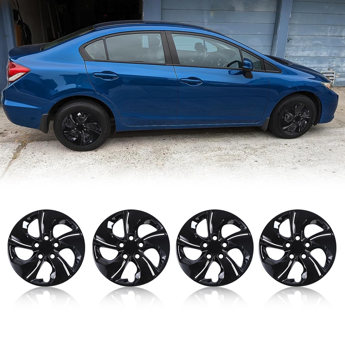 15" Hubcaps for 2013-2015 Civic, PP Material, 4 PCS, Black Lacquer