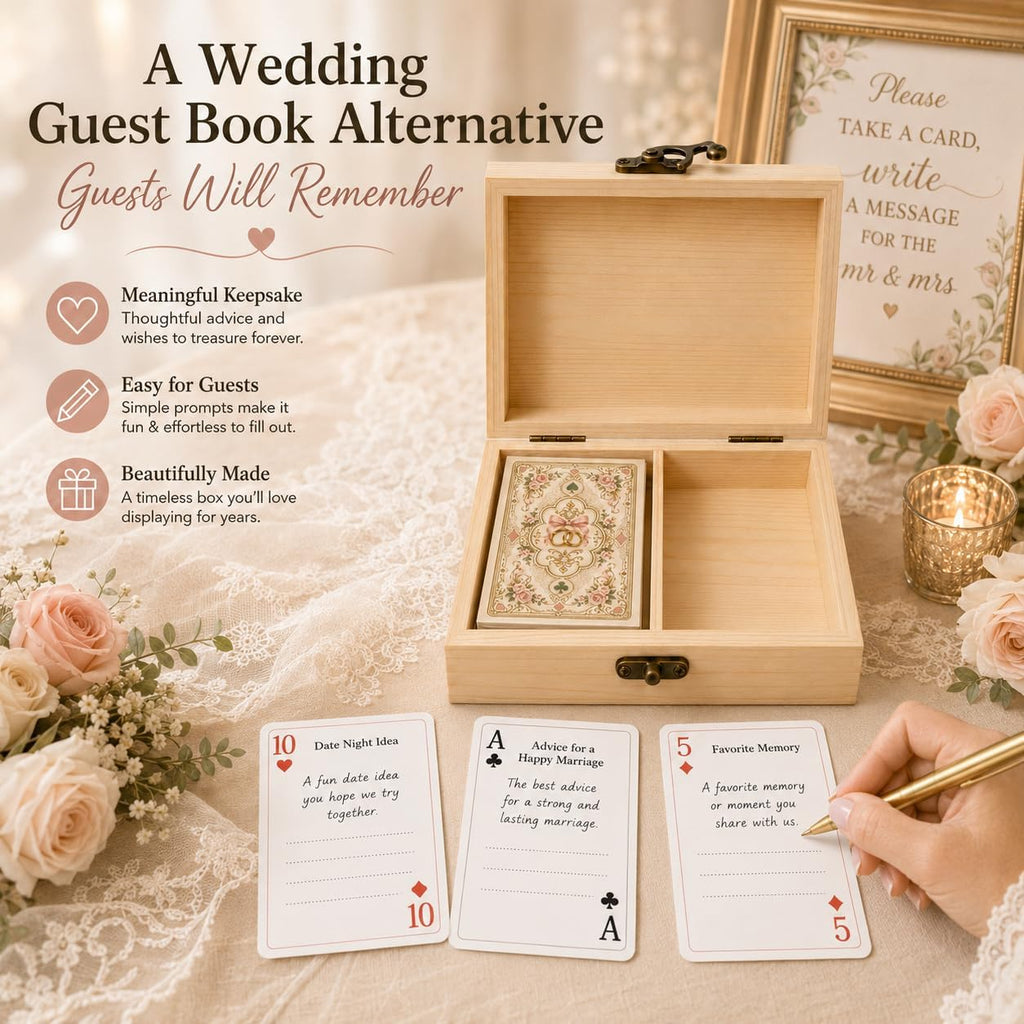 Wedding Guest Book Alternative, 55 Prompt Cards in Divided Wooden Box