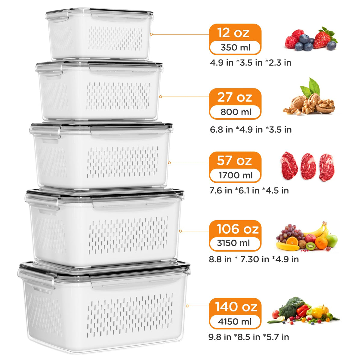 5-Pack Fruit Storage Containers for Fridge with Removable Colanders, 4 in 1 Produce Storage Containers with Lids