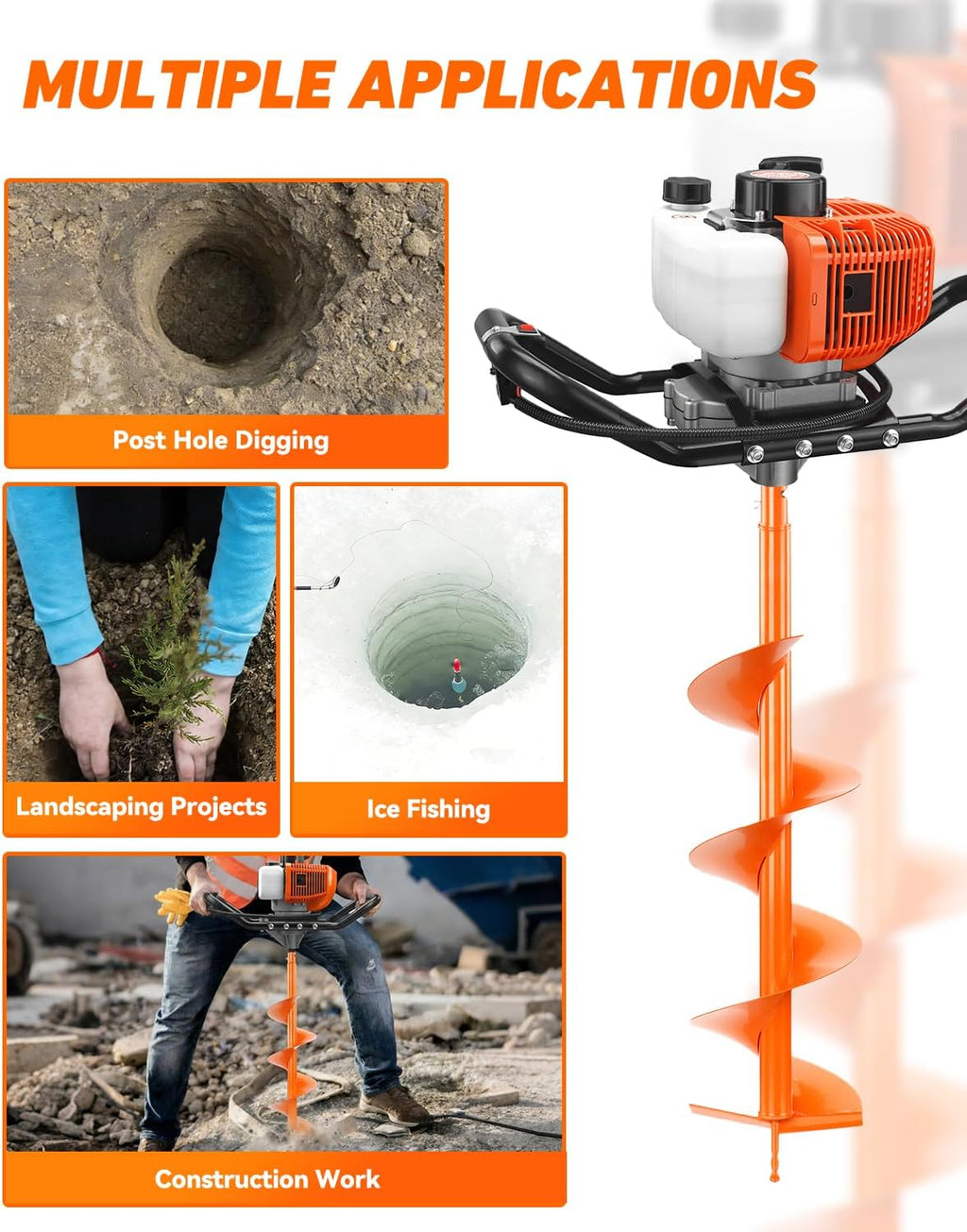63CC Post Hole Digger Gas Powered, 2-Stroke Earth Auger with 8" Auger Bit & 8" Extension Bar, Heavy Duty Ice Auger &