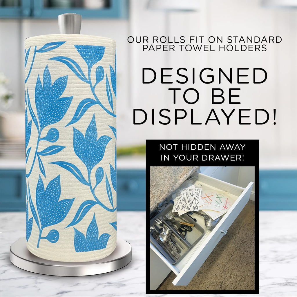 Swedish Dishcloths XL on a Roll, 30 Sheets, Floral Pattern, Perforated Tear-Off 11" x 10" Sheets w/Hook, Reusable