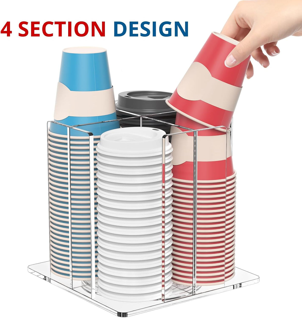 Cup and Lid Holder, 4 Compartment, Square | Rotating Coffee Cup Dispenser Lid Carousel for Restaurant, Buffet, Coffee