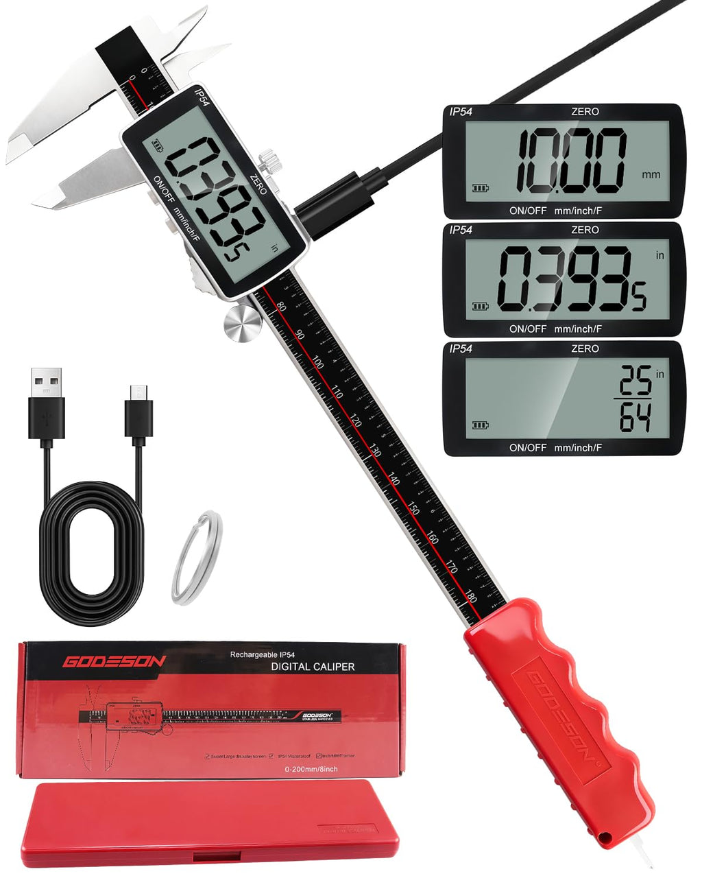 GODESON 8" USB-C Rechargeable Digital Caliper 0.001" Precision