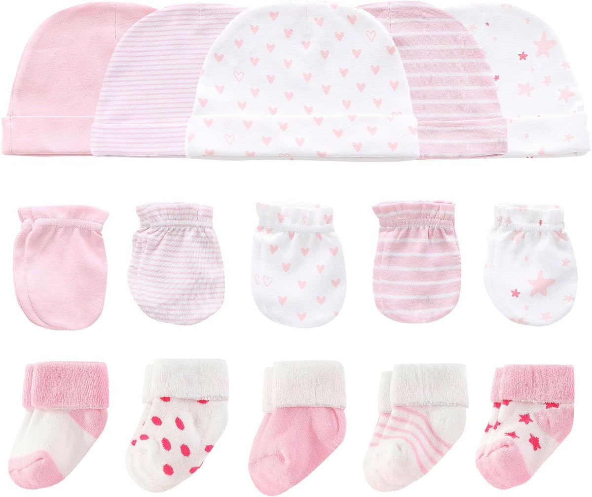 Newborn Baby Hats Mittens and Socks Set Cotton Beanie 0-6 Months