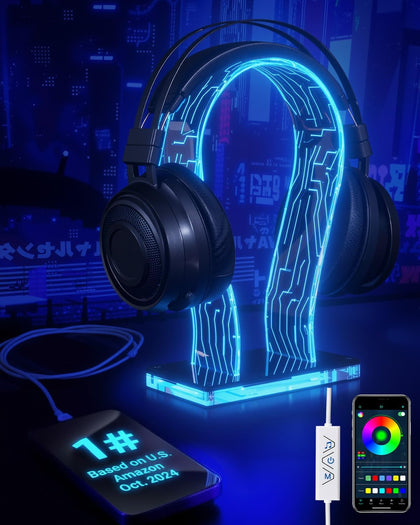 LED Gaming Headphone Stand - RGB Headset Holder for Desk with 60,000+ Colors & App Control, Premium Acrylic USB Light