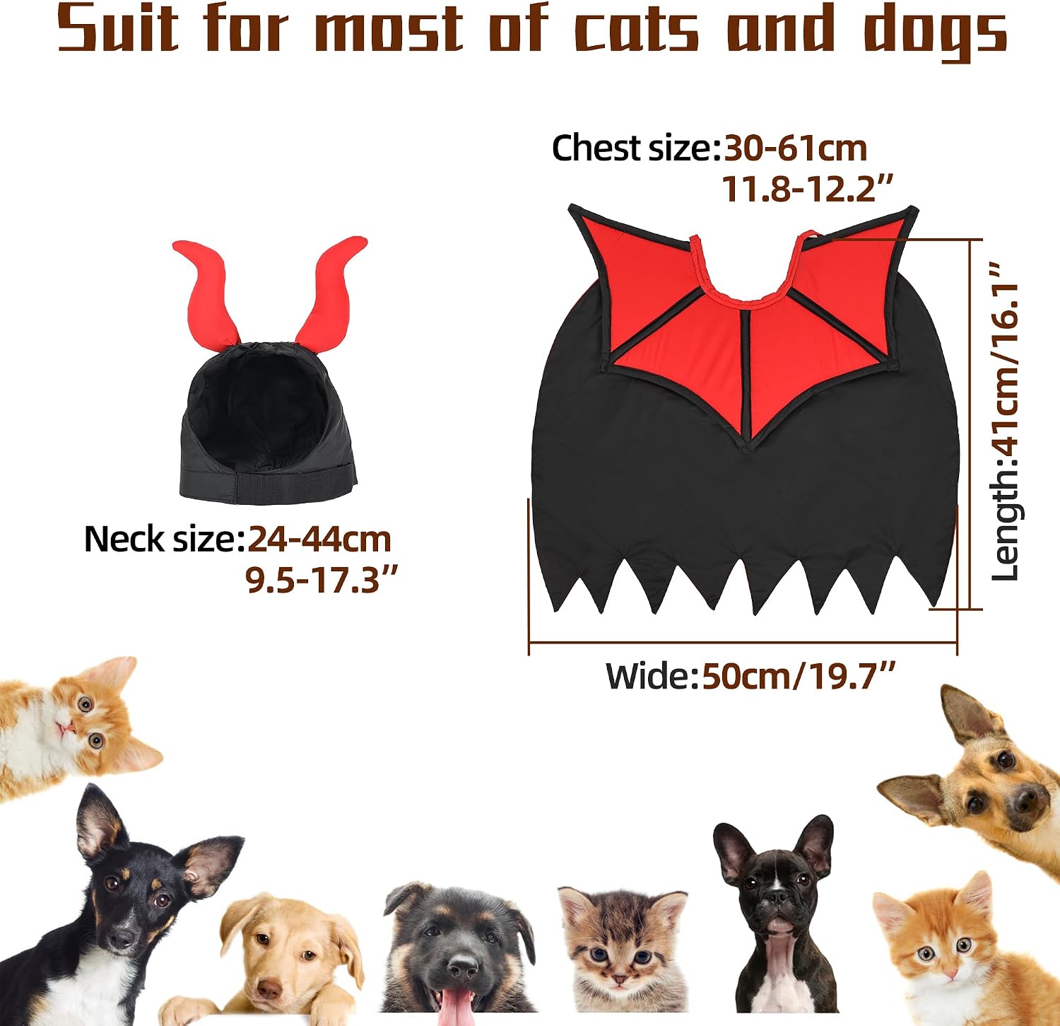Cat Costume,Dog Halloween Costumes, Adjustable Vampire Costume with Devil Horns, Comfortable Halloween Costumes for