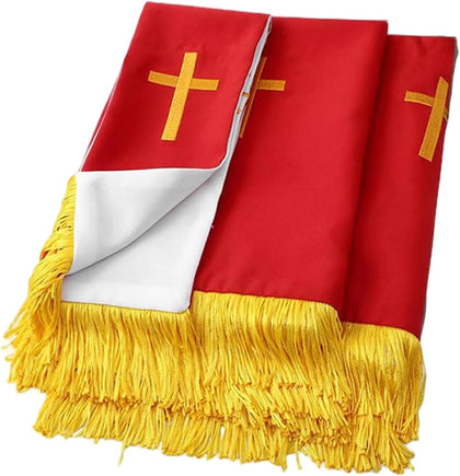 Set of 3 Reversible Parament Set with Red Table Runner Bookmark and Embroidered Pulpit Scarf Featuring Gold Cross for