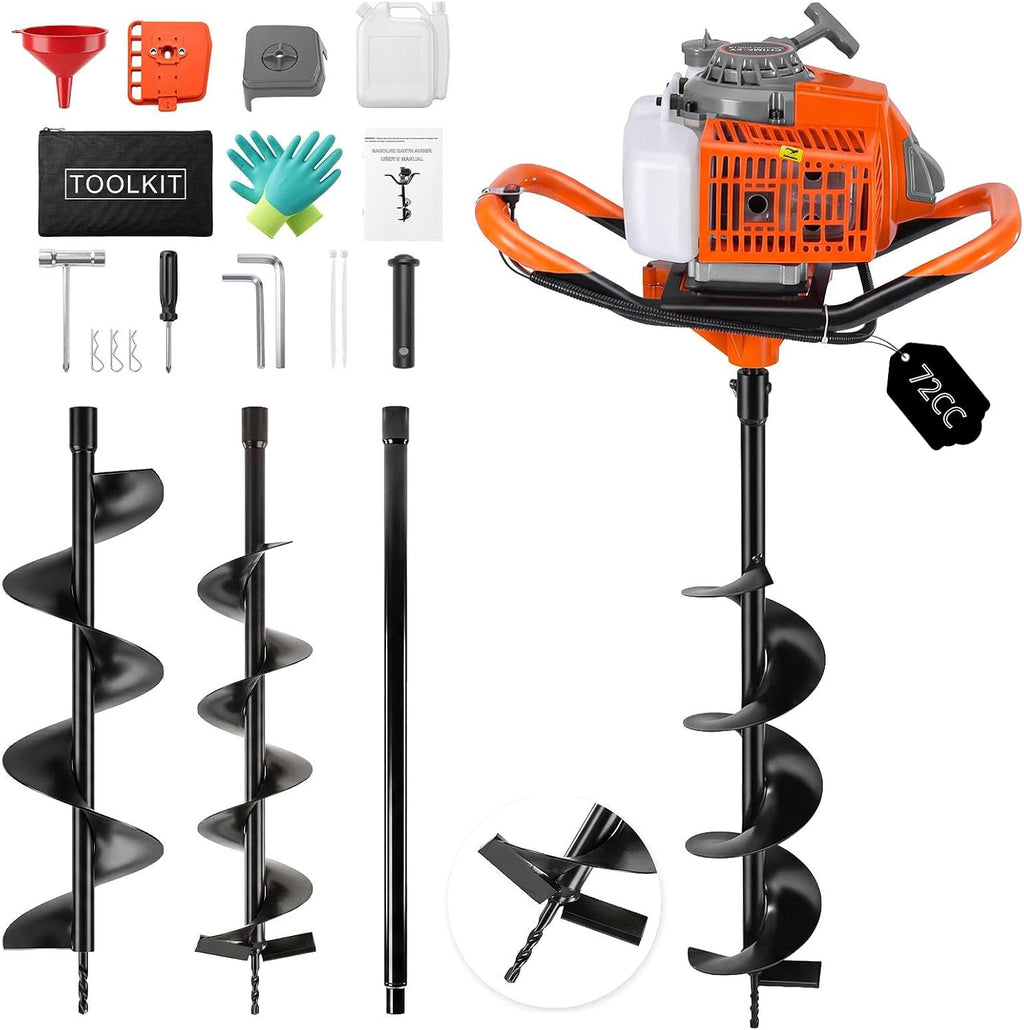 72CC Gas Powered Post Hole Digger, 2-Stroke Earth Auger with 6" & 8" Bits | 62" Max Digging Depth | Single or