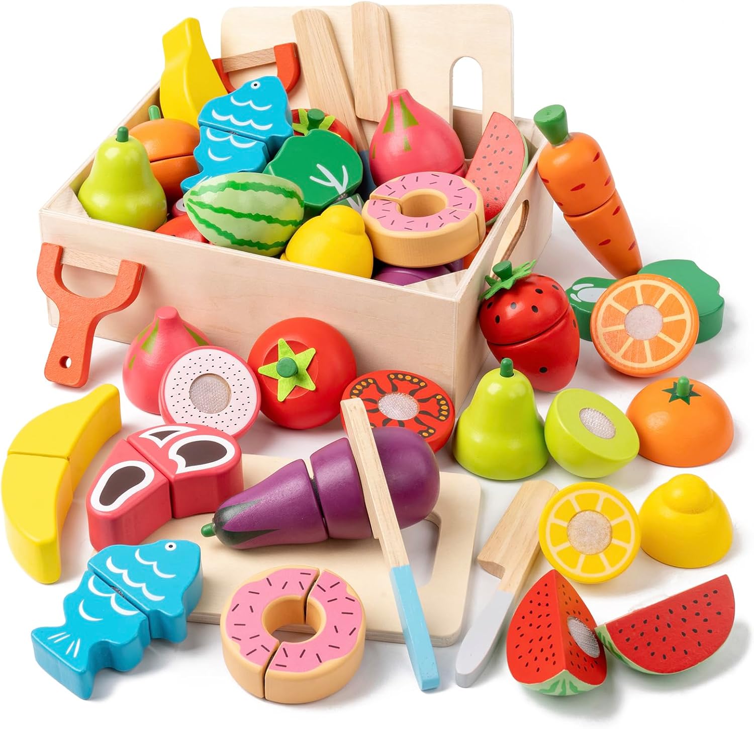 Wooden Play Food for Toddlers - 34Pcs Velcro Fruit and Veggies with Basket & Chopping Board, Play Food Sets for Kids