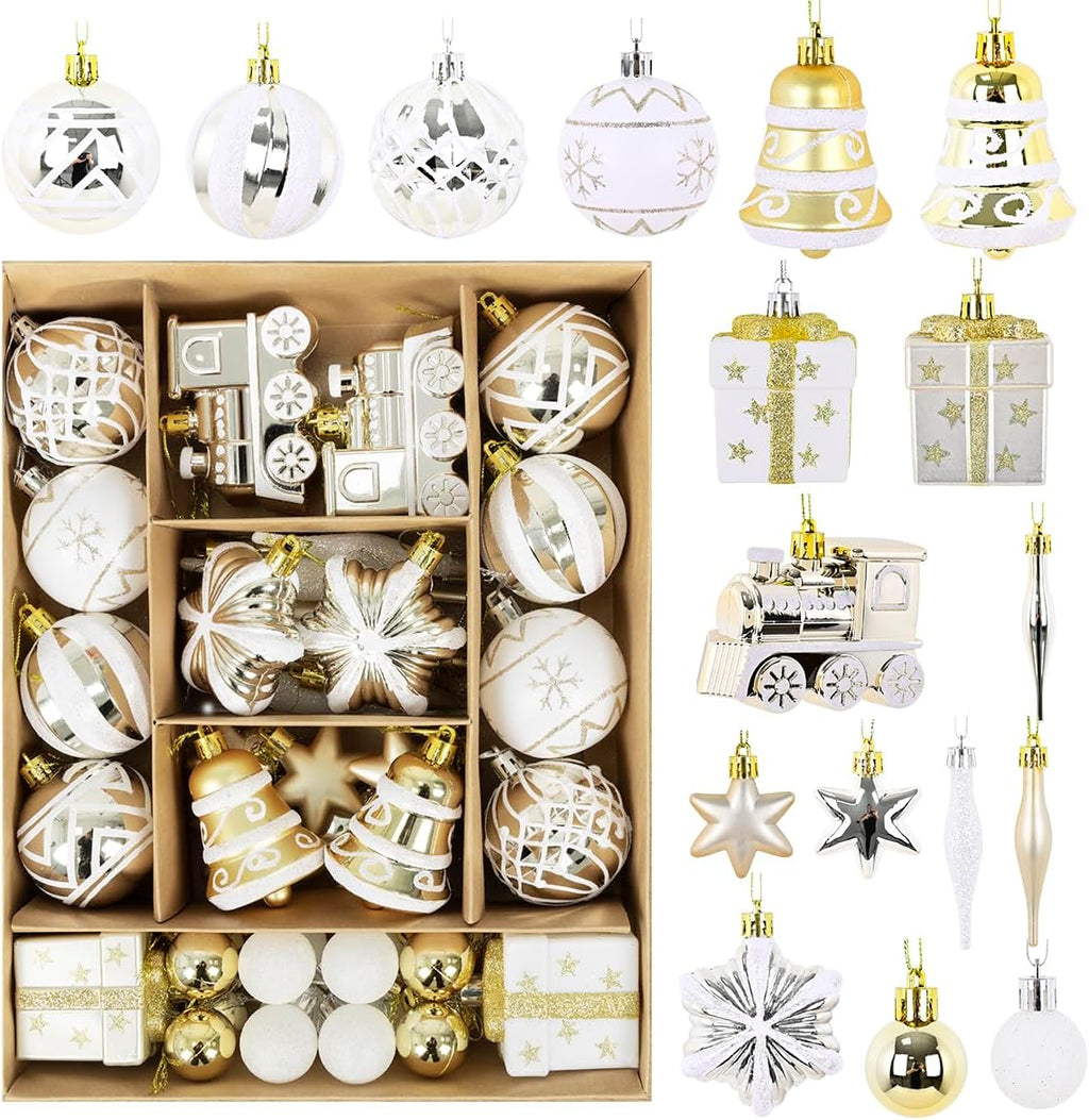 Christmas Ball Ornaments Set, 47ct 2.36 Inch Champagne Gold Assorted Xmas Tree Ball Ornaments, Shatterproof Christmas