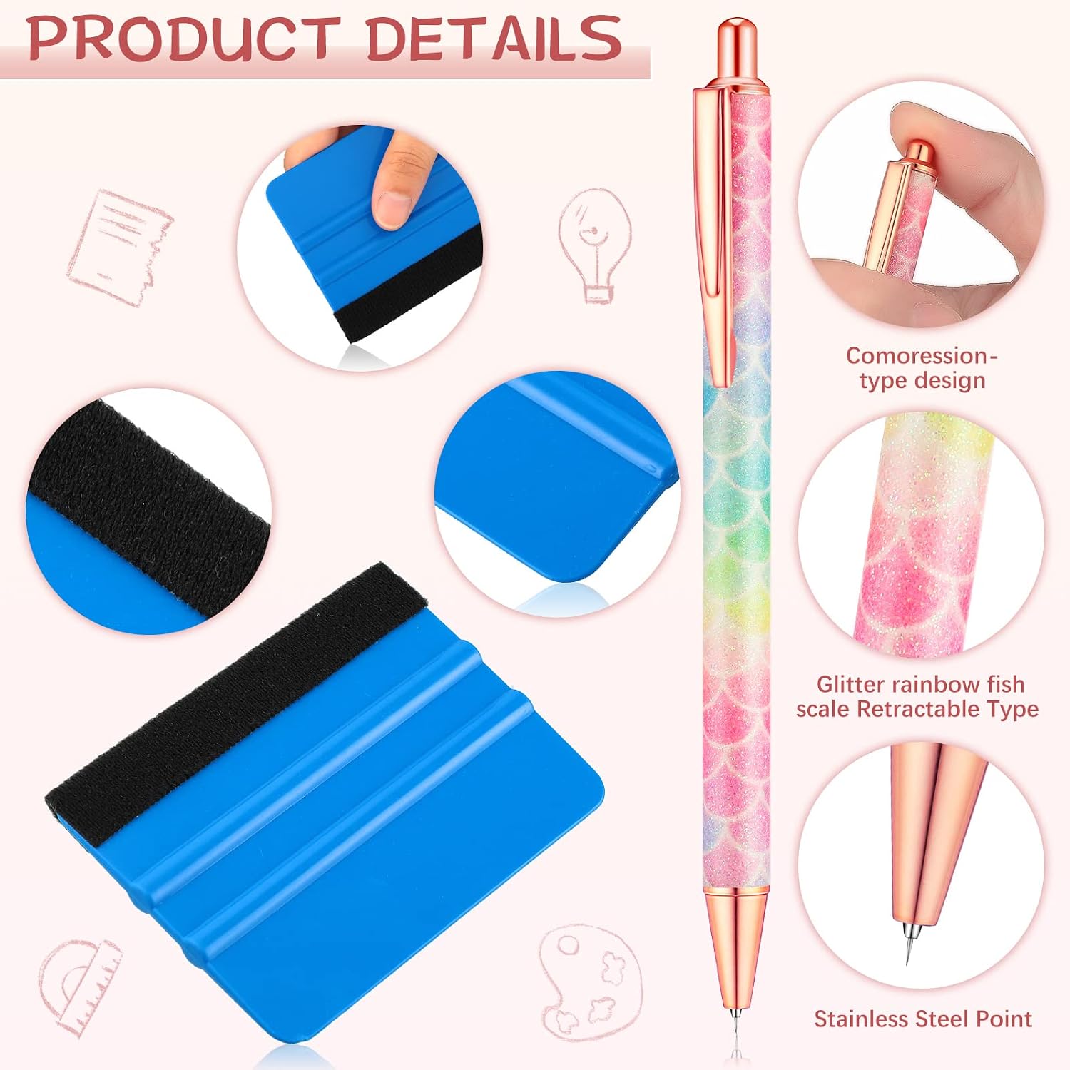 8 Pieces Pin Pen Weeding Tool Vinyl Weeding Tool with Rainbow Retractable Air Release Pen and Refill Vinyl Squeegee