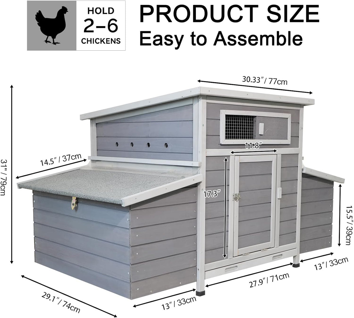Large Wooden Chicken Coop, Outdoor Large Chicken Coop with 6 Nesting Boxes