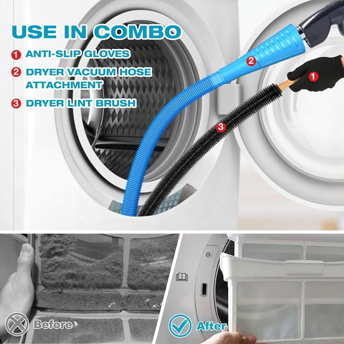 15-Piece 25-Feet Dryer Vent Cleaner Kit, Dryer Cleaning Tools, Omnidirectional Dryer Lint Vacuum Attachment, Dryer
