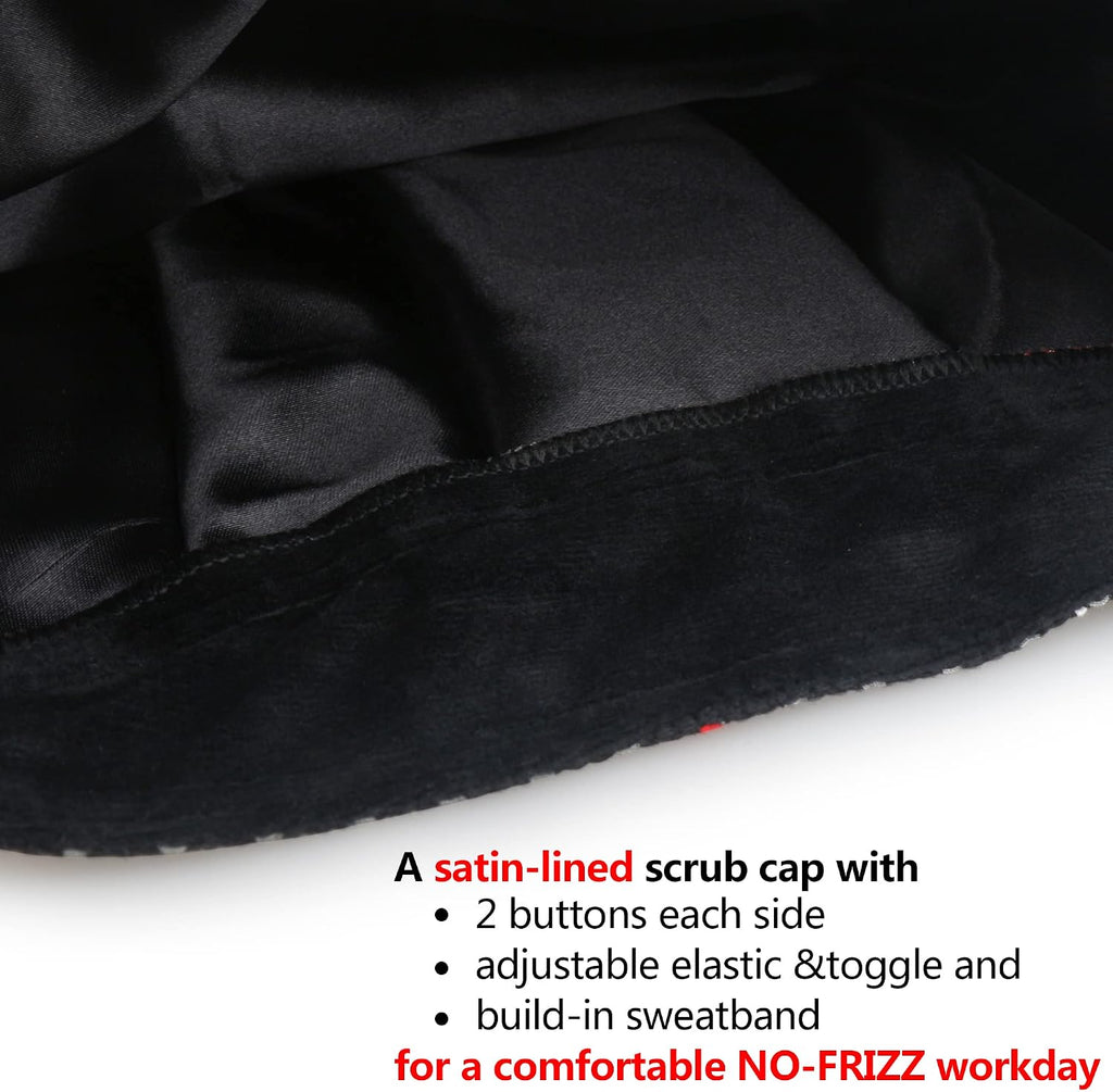 Bouffant Caps with Button and Sweatband, Adjustable Scrub Caps for Women Men, Satin Layer Black