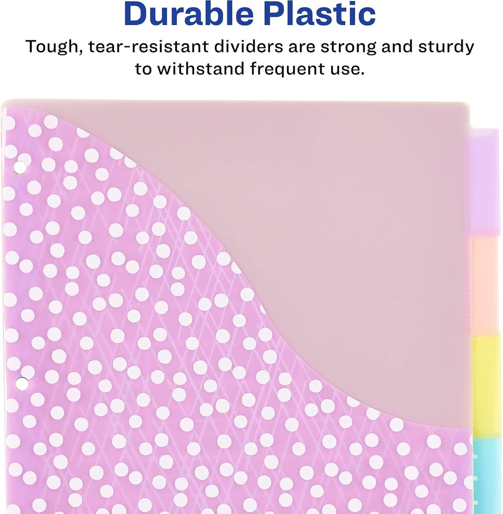 Dividers for 3 Ring Binders, 5 Tab Plastic Binder Dividers, Pockets, Insertable Big Tabs, Pastel Classic Designs
