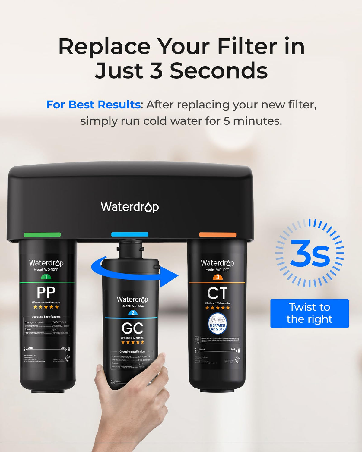Waterdrop 2PPGCCT Replacement Filter for TSA & TSB, 1-Year Replacement Pack