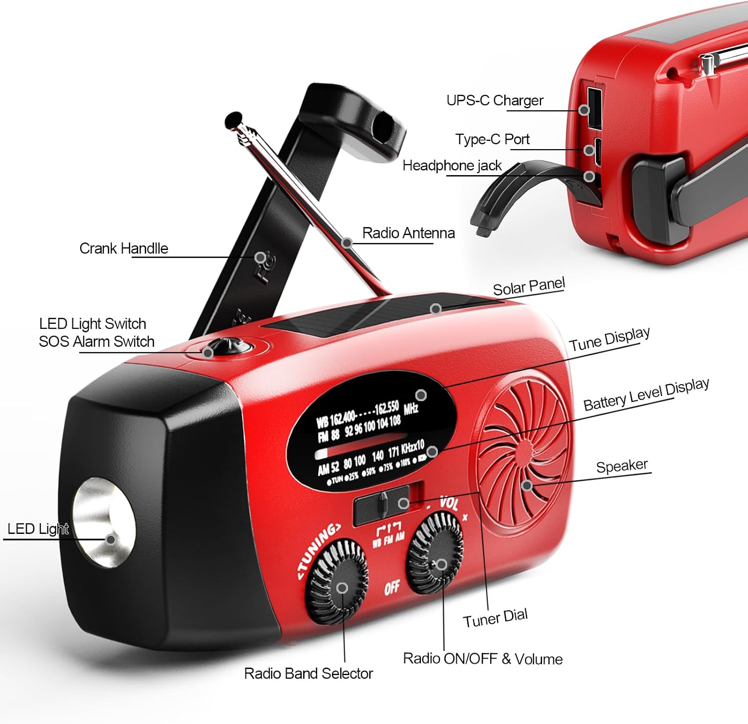 Solar Hand Crank NOAA Weather Radio, AM/FM, 2000mAh Charger, Light, SOS | 7400mWh Emergency USB phone charge, 3 LED