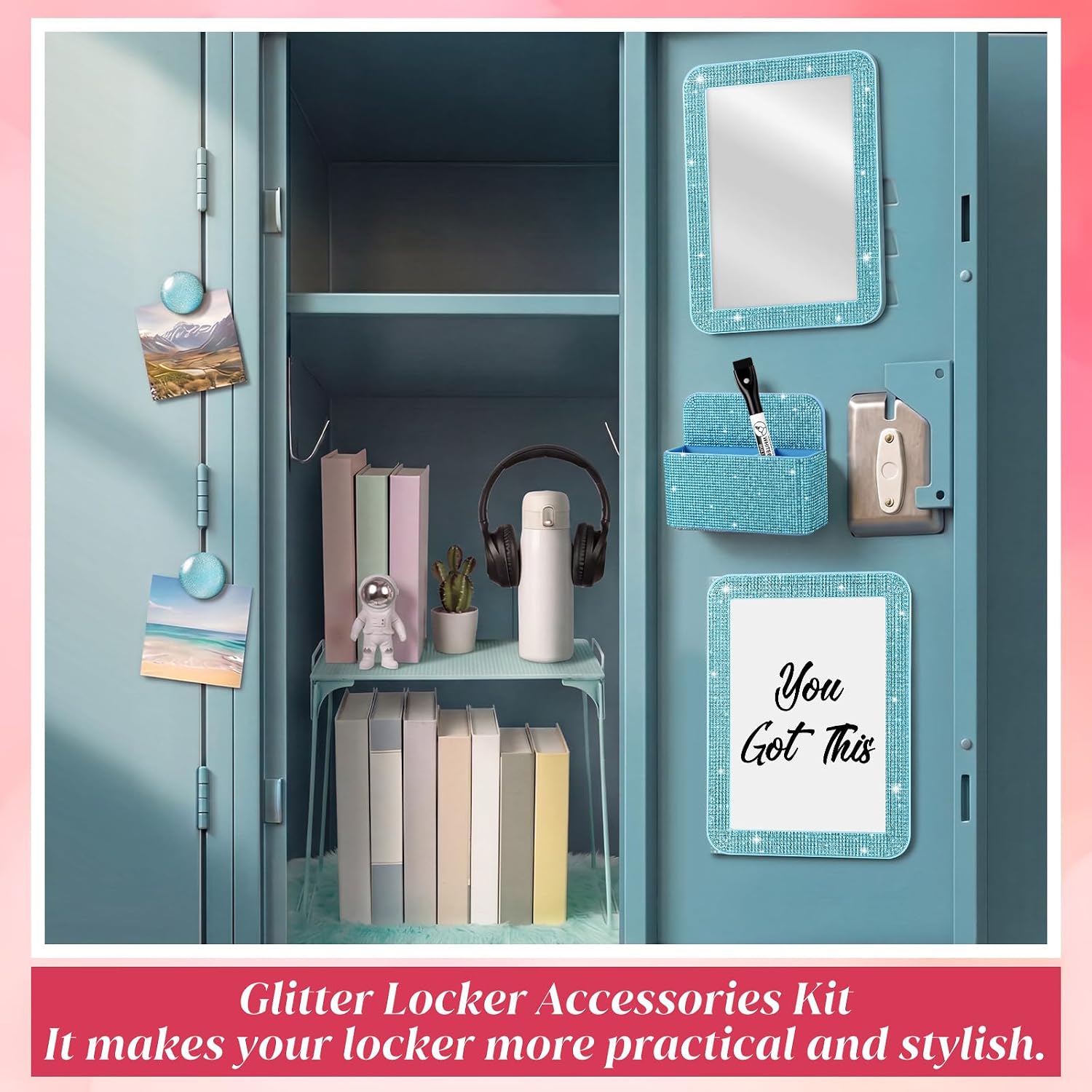 10 Pcs Glitter Locker Organizer and Decorating Kit, Locker Accessories Include Magnetic Storage Cup, Mirror, Shelf
