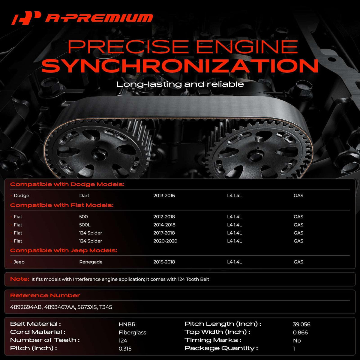 A-Premium Engine Timing Belt Compatible with Jeep, Fiat