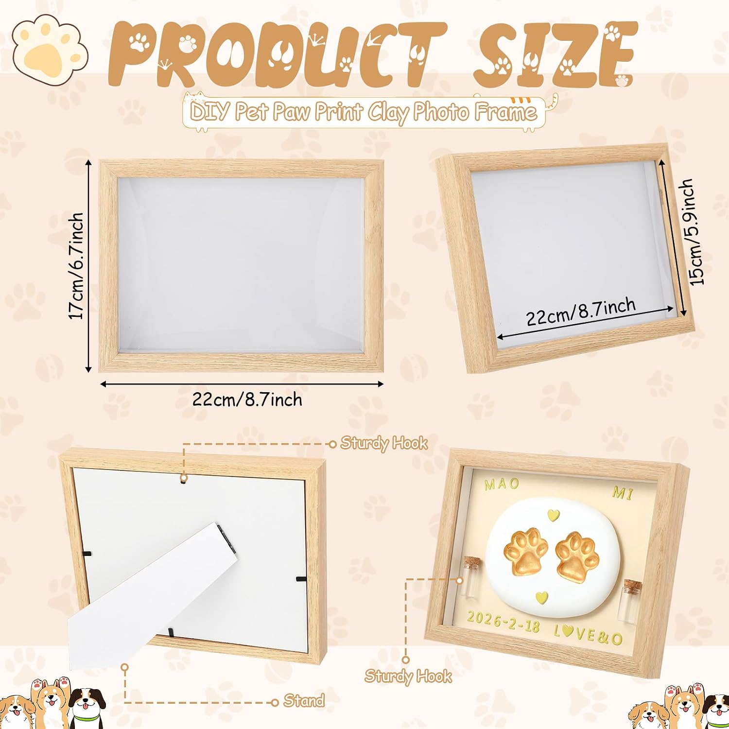 Dog Cat Paw Print Frame Kit, 8 Inch Pet Memorial Shadow Box with Clay Impression Kit, Hair & Teeth Keepsake, DIY Paw
