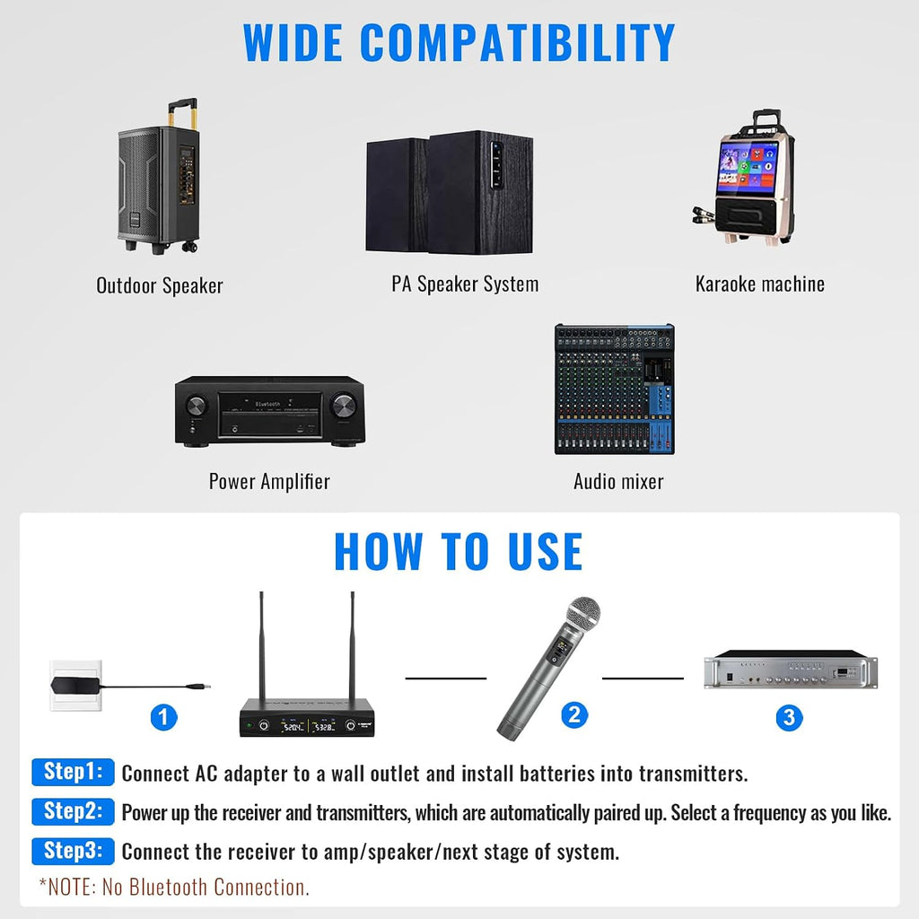 Dual UHF Tunable Frequency Wireless Microphone System PTU-52-2H | 2 Metal Mics, 2 x 30 Frequencies, 200 ft Range
