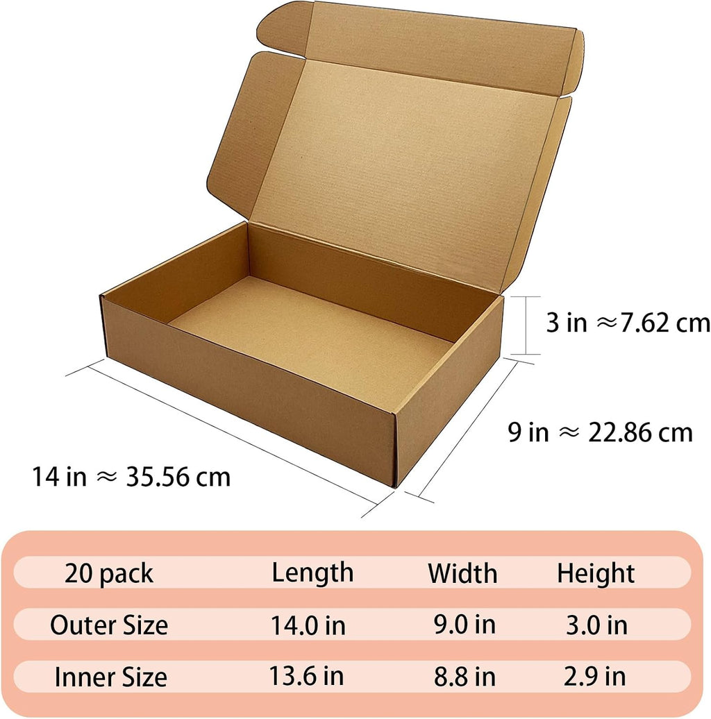 14x9x3 inch Shipping Boxes Set of 20, Brown Corrugated Cardboard Mailer Box