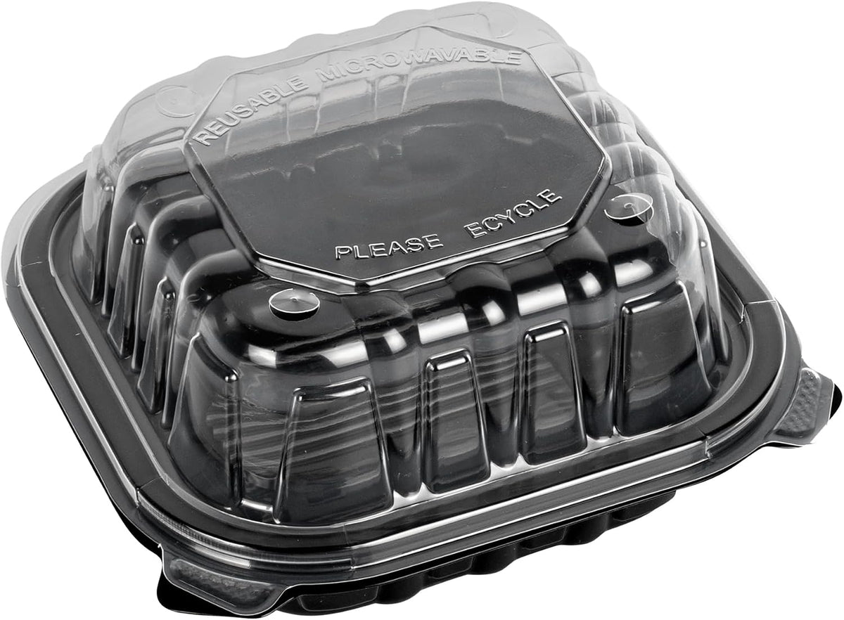 Thermo Tek 16 Ounce Clamshell Containers, 50 Disposable Take Out Boxes - Ventilated Lids, Microwavable, Black Plastic