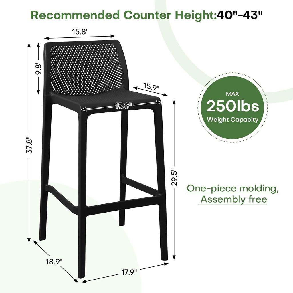 29" Outdoor Plastic Barstool Set of 4, No Assembly, Black
