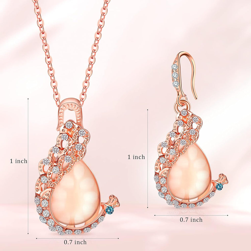 4 Set Peacock Jewelry Sets for Women Crystal Necklace Earrings Rhinestone Waterdrop Pendant Heart Charm Hook Earrings