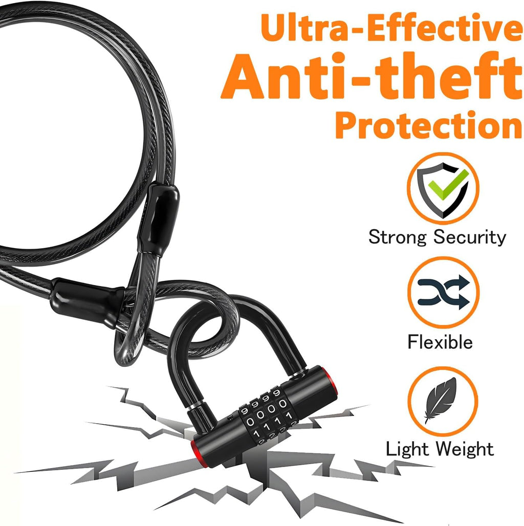 Security Cable Lock Set (4 Digital Combination U-Lock & 4 ft x 1/2" Flexible Steel Sealed Looped Ends Cable),Heavy