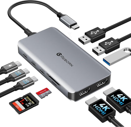 10-in-1 USB C Docking Station Dual HDMI 4K, MST Hub Dual Monitor | Laptop Docking Station with 2 HDMI, 100W PD, USB