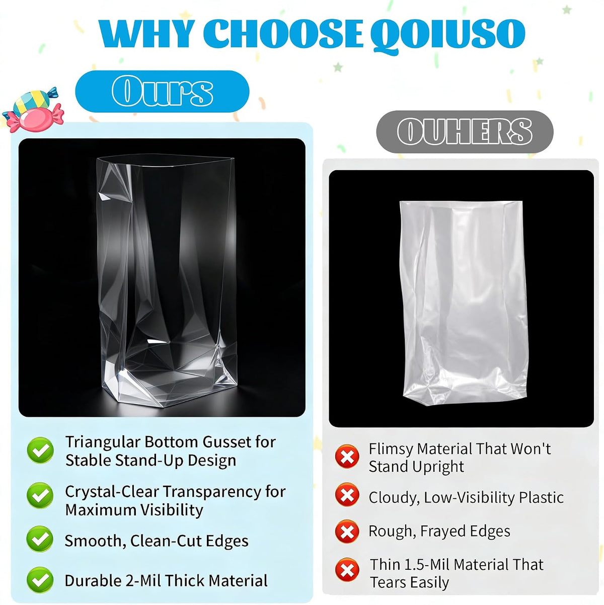 Large Clear Gift Bags 10x14 Inch, 50Pcs Gusseted Cellophane Bags