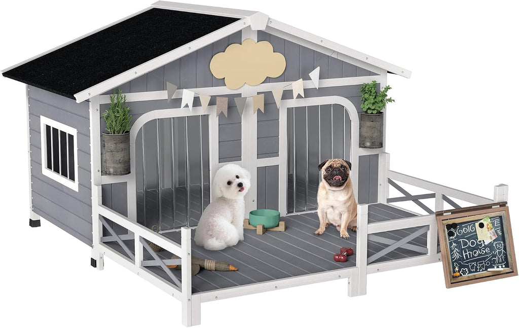 Dog House Outdoor, Wooden Dog Kennel Weatherproof with Porch, Openable Roof, Removable Bottom, Elevated Floor, Double