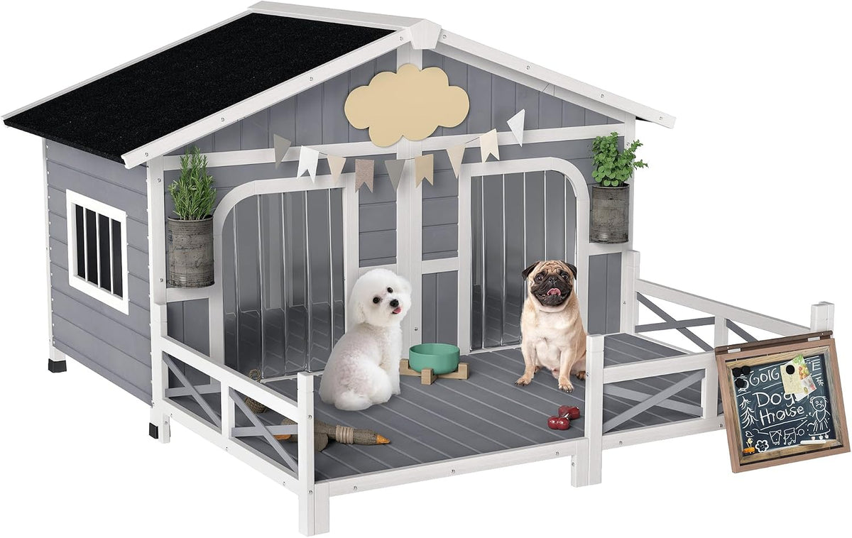 Dog House Outdoor, Wooden Dog Kennel Weatherproof with Porch, Openable Roof, Removable Bottom, Elevated Floor, Double