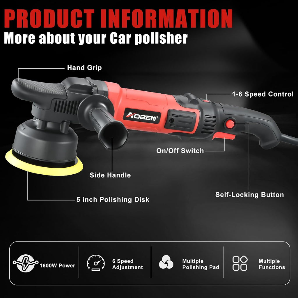 5 Inch Dual Action Polisher – 16mm Long Orbit Random Orbital Buffer with 6 Variable Speeds (1000-5500 RPM)