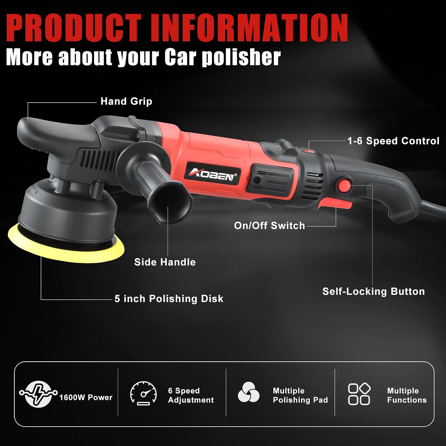 5 Inch Dual Action Polisher – 16mm Long Orbit Random Orbital Buffer with 6 Variable Speeds (1000-5500 RPM)