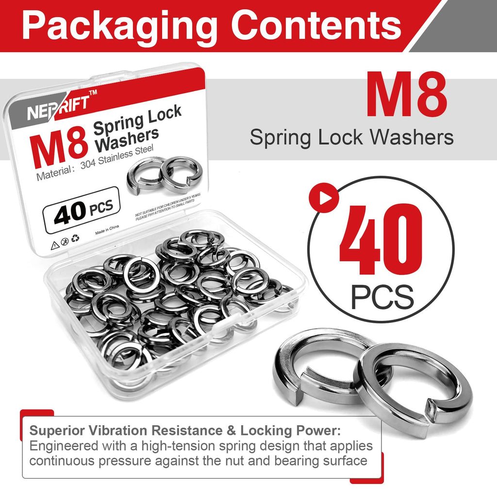 Neprift 40PCS M8 Spring Lock Washers, Stainless Steel Split Washers
