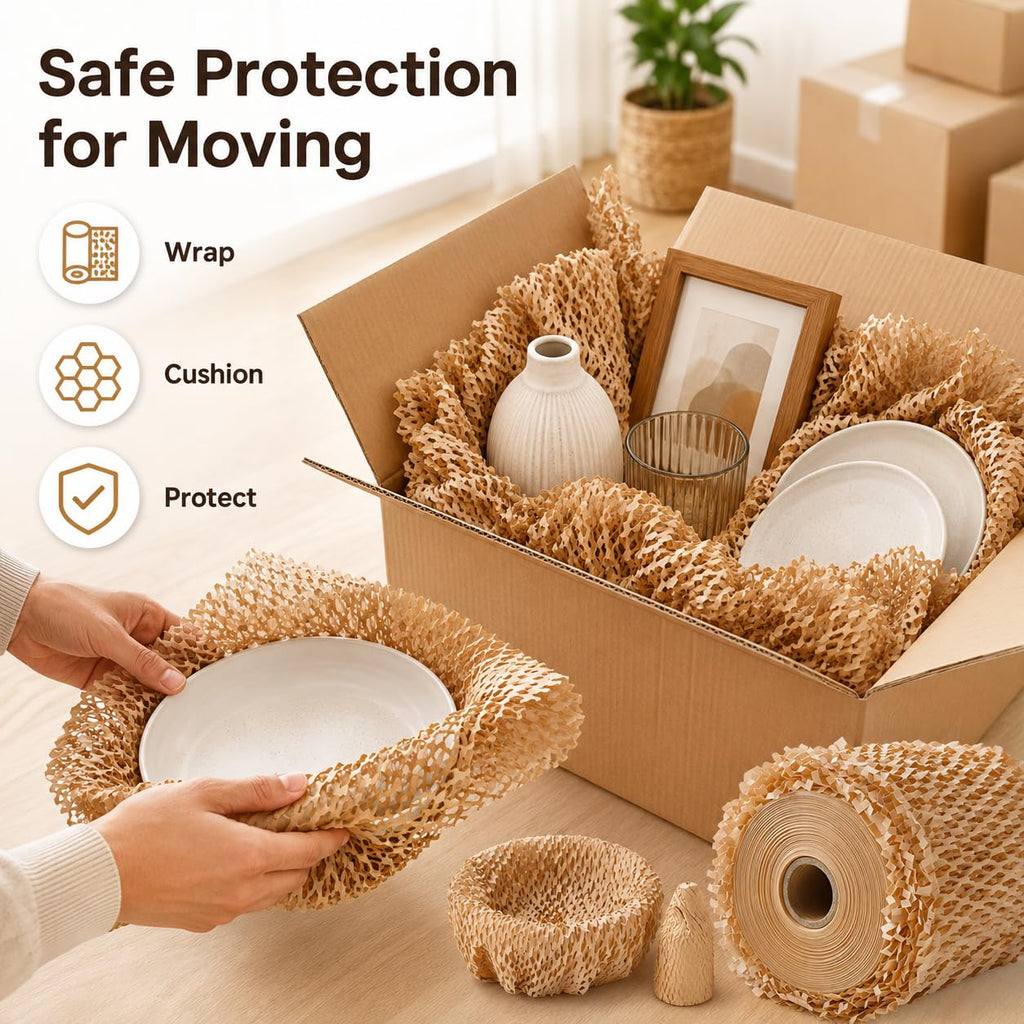 Honeycomb Packing Paper, Bubble Cushioning Wrap Alternative for Moving & Gift Wrapping, Includes 20 Fragile Sticker