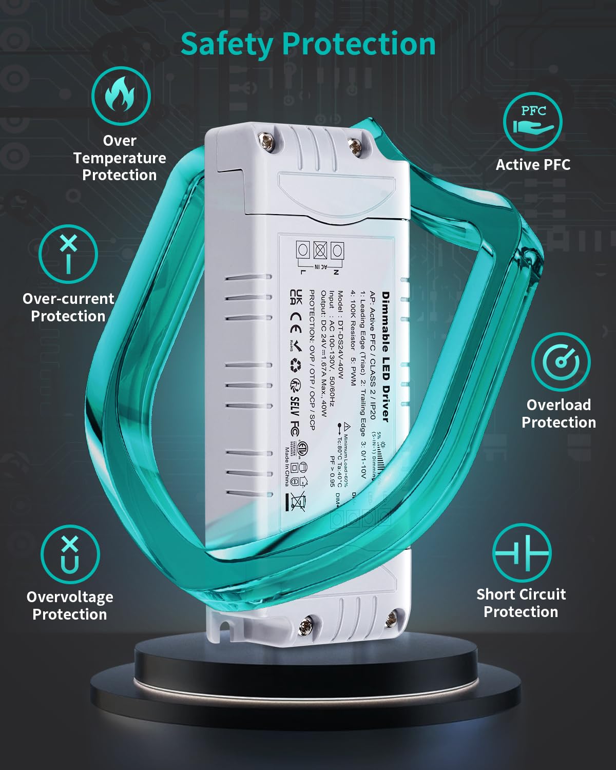 24V 40W Dimmable LED Driver, Constant Voltage Transformer for LED Light