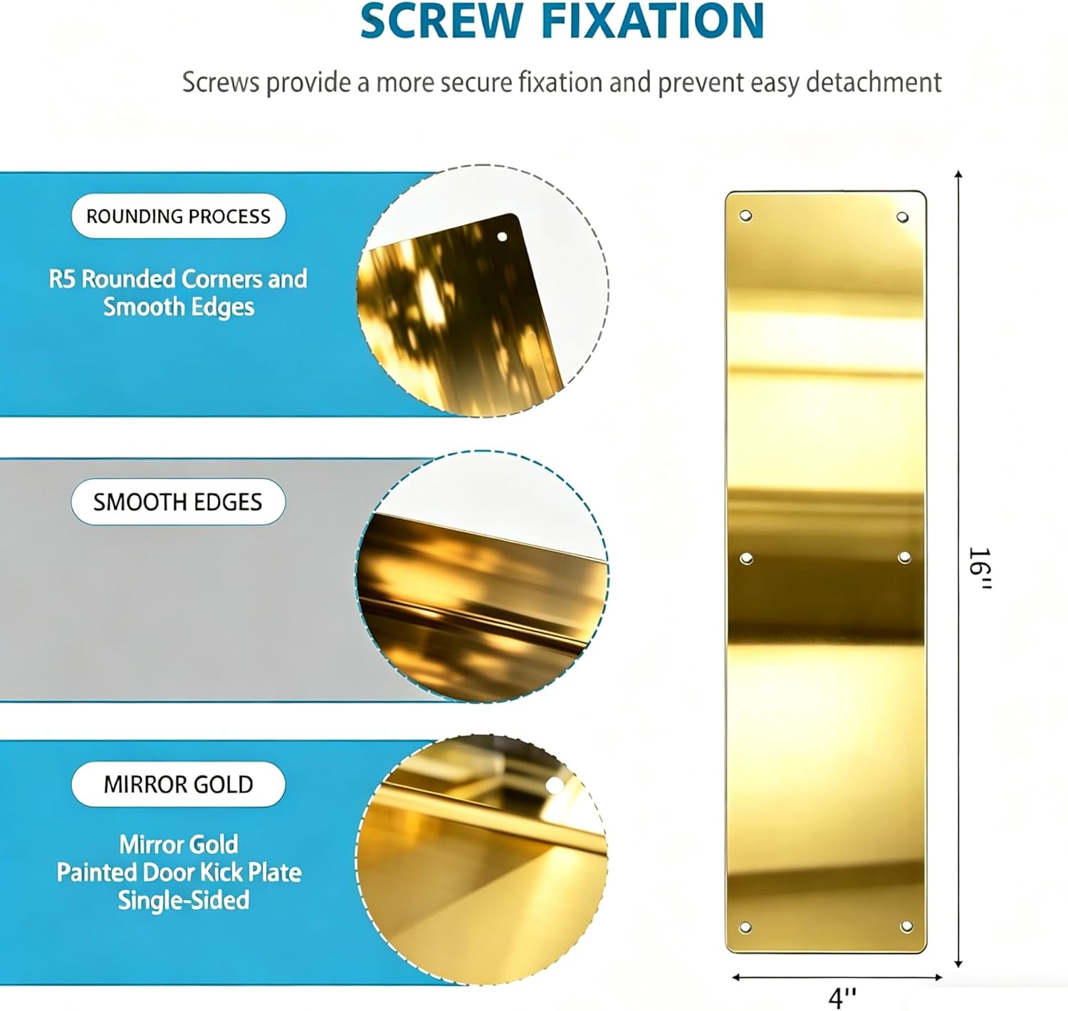 Door Push Plate, 4" x 16" Aluminum Metal KickPlate, Gold Mirror, 2 Pack | Rounded Corners, Screw Mount Installation