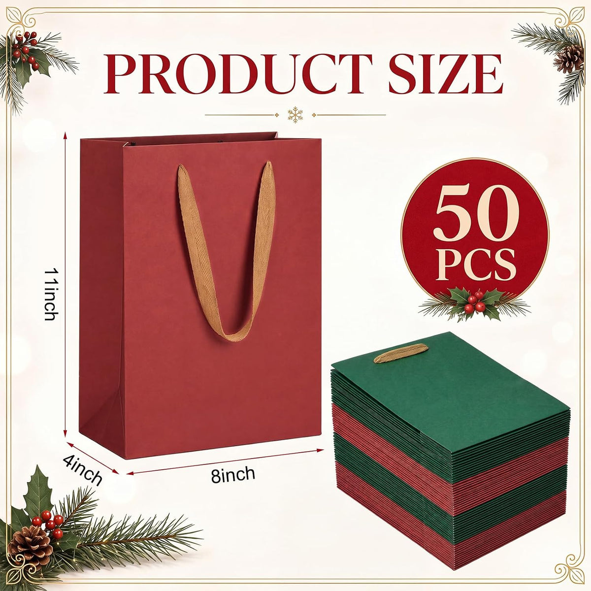 50 Pack Red Green Christmas Gift Bags Bulk, Heavy Duty, 8x11x4 Inch