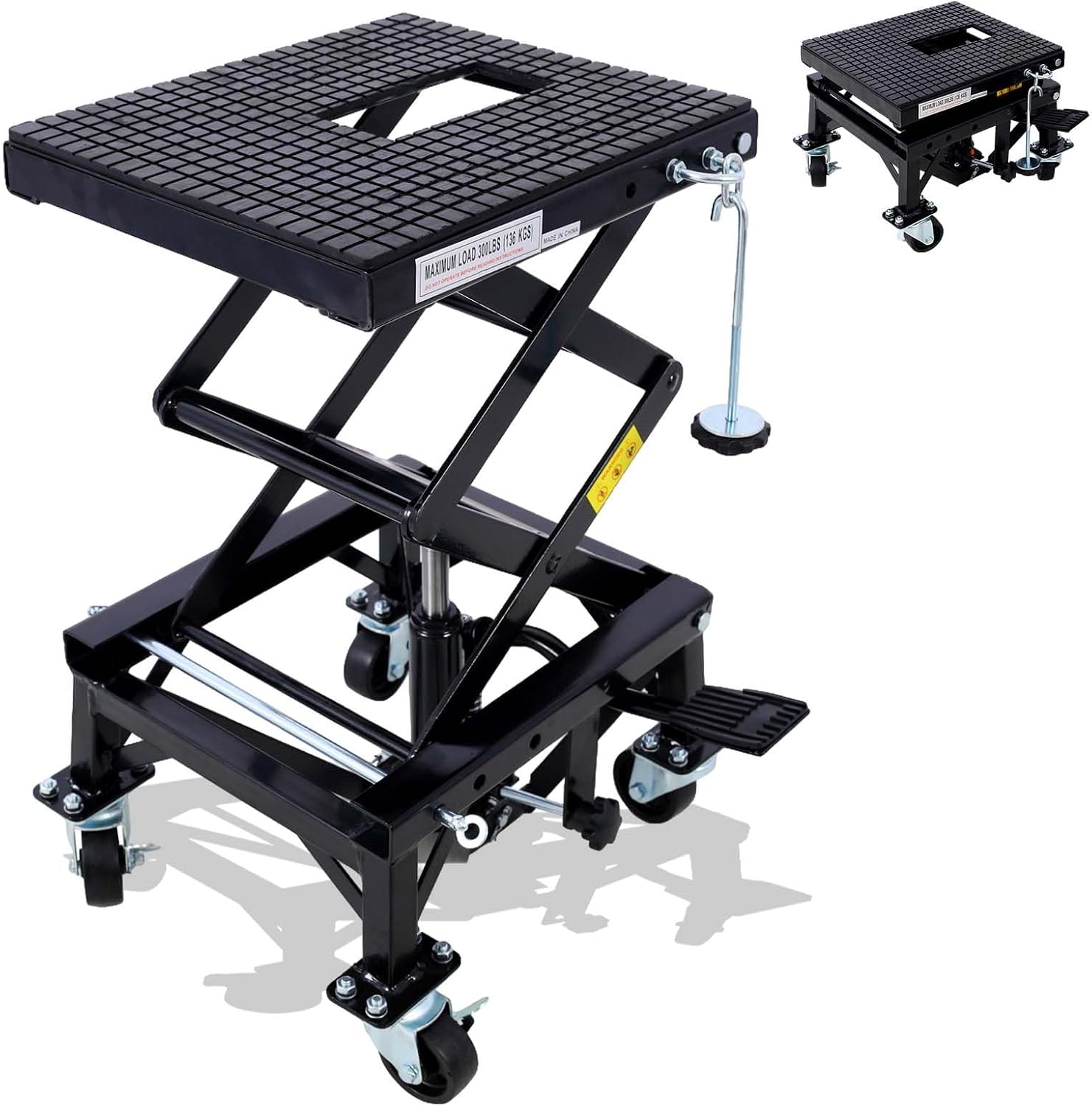 Hydraulic Motorcycle Lift Table, 350 lbs Capacity Scissor Jack Lift with Wide Deck, J-Hooks, 4 Wheels, Foot-Operated