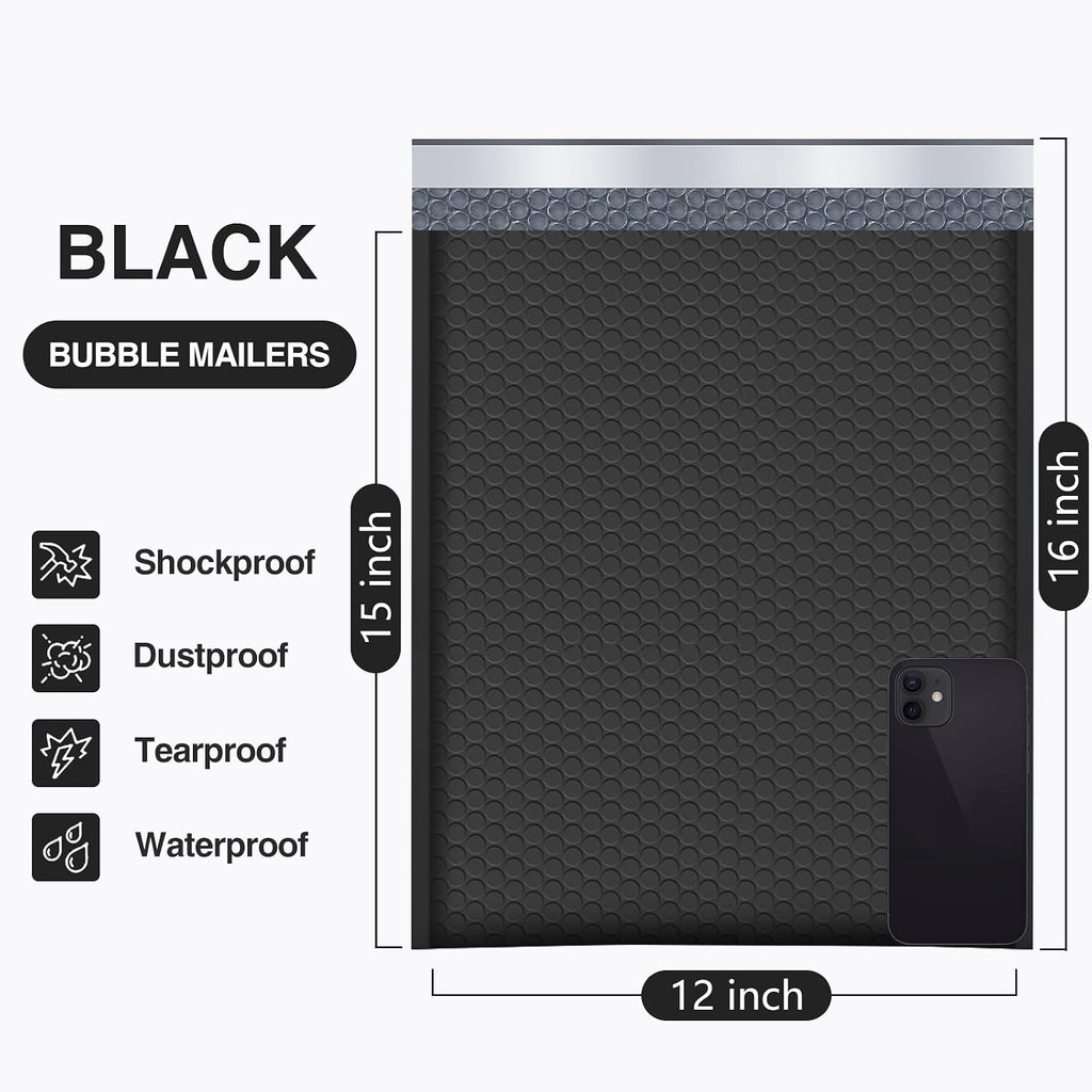 Large Bubble Mailers 12x16" 25 Pack Usable Size 12x15" Black Padded