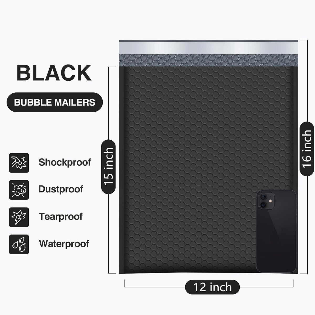 Large Bubble Mailers 12x16" 25 Pack Usable Size 12x15" Black Padded