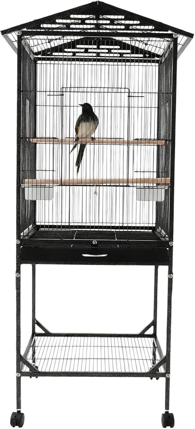 Large Heavy Duty Wrought Iron Bird Cage with Open Play Top Area & Rolling Stand, Spacious Flight Cage for Parrots