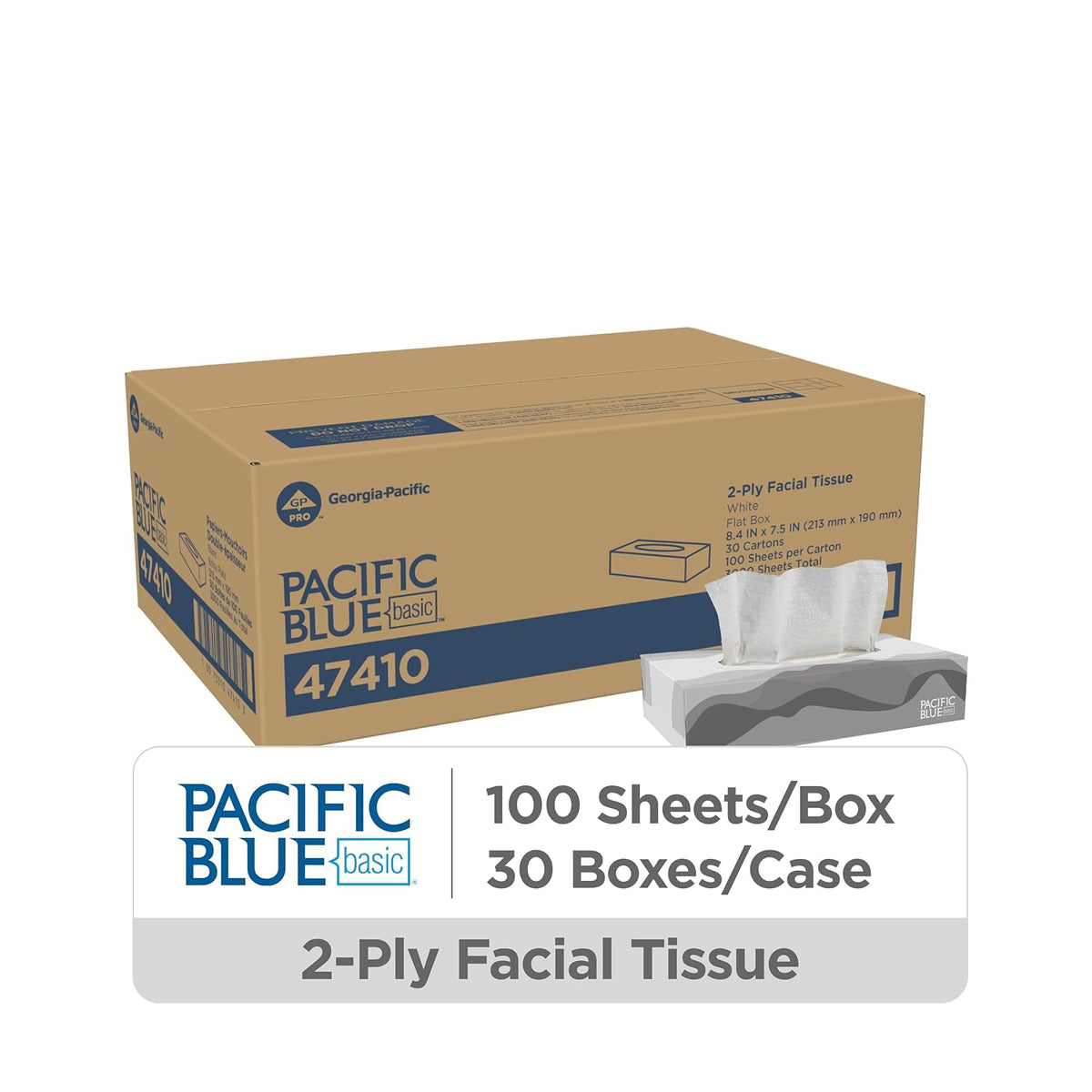 Pacific Blue Basic 2-Ply Facial Tissue (47410), 100 Sheets Per Box, 30 Flat Boxes Per Bulk Case